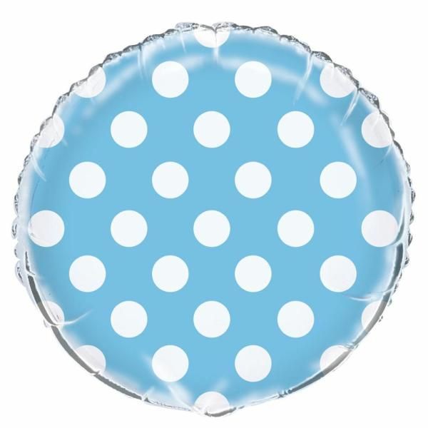 Metallic Light Blue Round Polk Dot - 18&quot; Helium Filled Foil Balloon, Ribbon