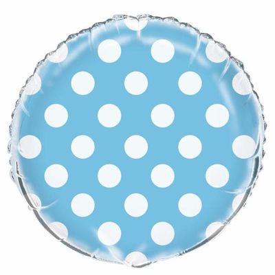 Metallic Light Blue Round Polk Dot - 18&quot; Helium Filled Foil Balloon, Ribbon