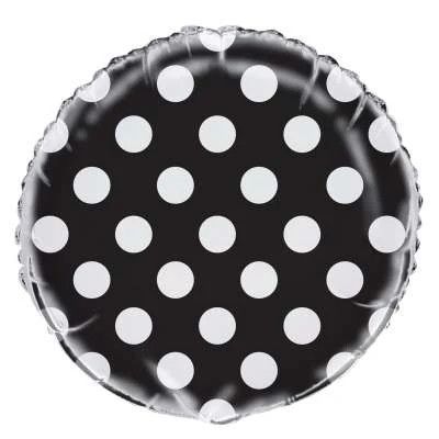 Black Round Polk Dot - 18&quot; Helium Filled Foil Balloon, Ribbon