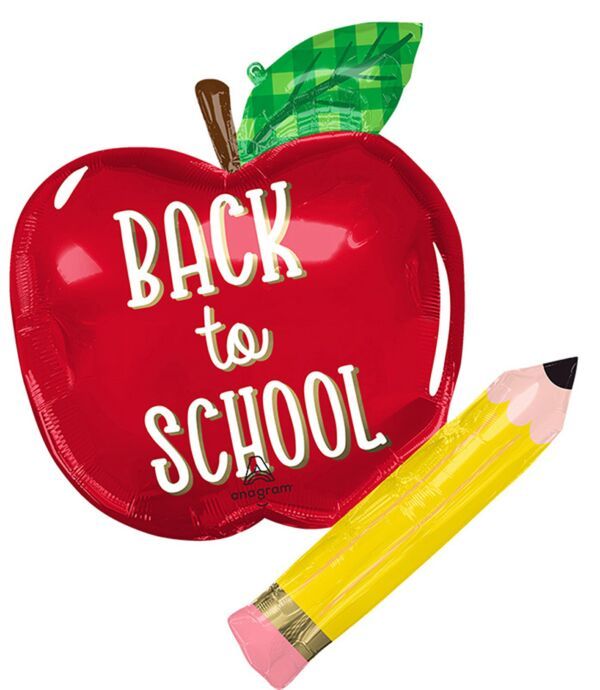 Back to School Apple and Pencil - 31&quot; Helium Filled Foil Balloon, Ribbon