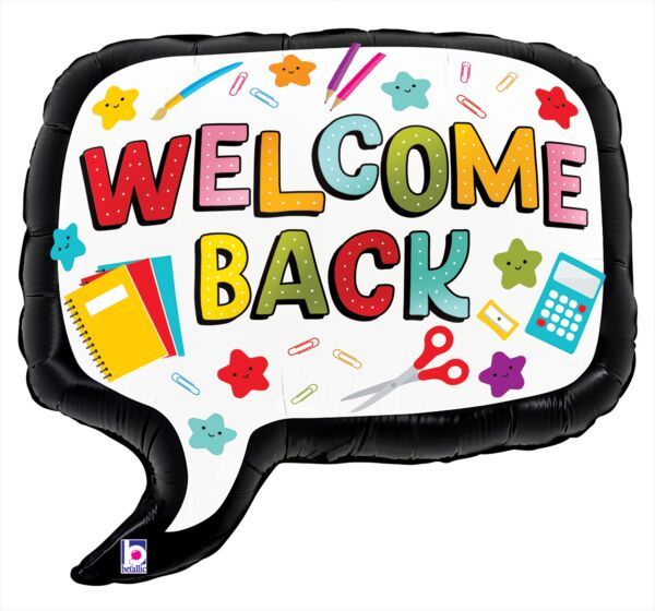 Welcome Back Speech Bubble - 35&quot; Helium Filled Foil Balloon, Ribbon