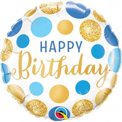 Happy Birthday Blue and Gold Dot&#39;s - 18&quot; Helium Filled Foil Balloon, Ribbon
