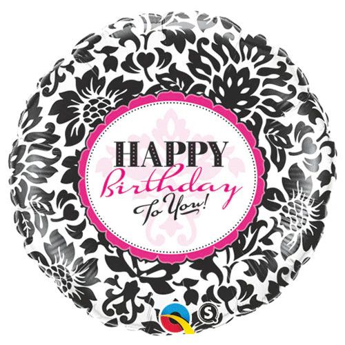Birthday Elegant Damask - 18&quot; Helium Filled Foil Balloon, Ribbon