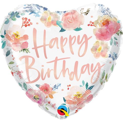 Birthday Watercolor Roses - 18&quot; Helium Filled Foil Balloon, Ribbon