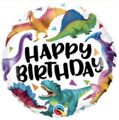 HBD Colorful Dinosaurs - 18&quot; Helium Filled Foil Balloon, Ribbon