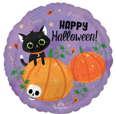 Halloween Cat and Pumpkins - 17&quot; Helium Filled Foil Shaped Balloon, Ribbon