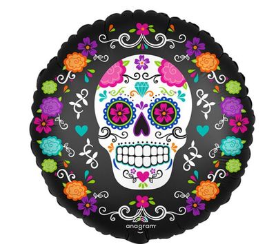 Satin Sugar Skull and Marigolds - 18&quot; Helium Filled Foil Shaped Balloon, Ribbon