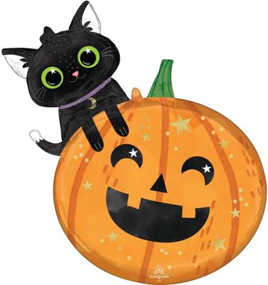 Halloween Cat and Pumpkin- 29&quot; Helium Filled Foil Shaped Balloon, Ribbon