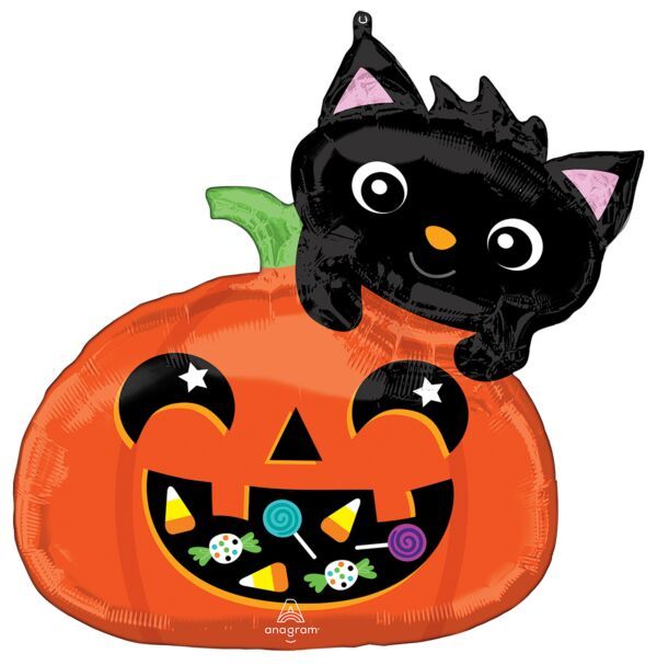 Cat and Candy Pumpkin - 25&quot; Helium Filled Foil Shaped Balloon, Ribbon