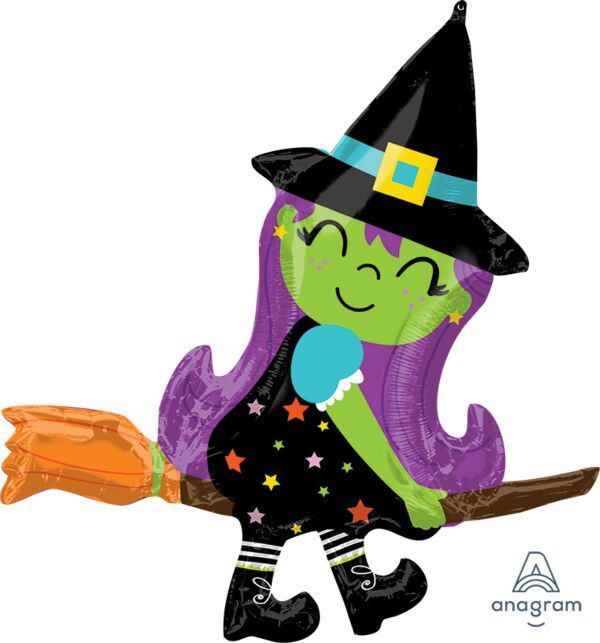 Cute Witch on Broom - 38&quot; Helium Filled Foil Shaped Balloon, Ribbon