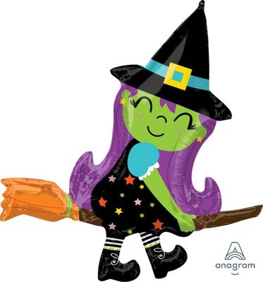 Cute Witch on Broom - 38&quot; Helium Filled Foil Shaped Balloon, Ribbon