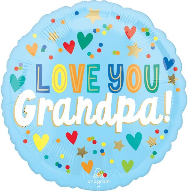 Love You Grandpa Hearts and Stars - 17&quot; Helium Filled Foil Balloon, Ribbon