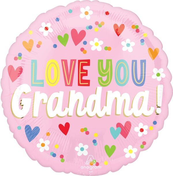 Love You Grandma Hearts and Flowers - 17&quot; Helium Filled Foil Balloon, Ribbon