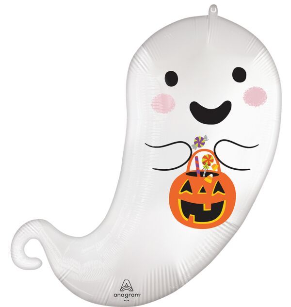 Satin Trick or Treat Ghost - 27&quot; Helium Filled Foil Balloon, Ribbon