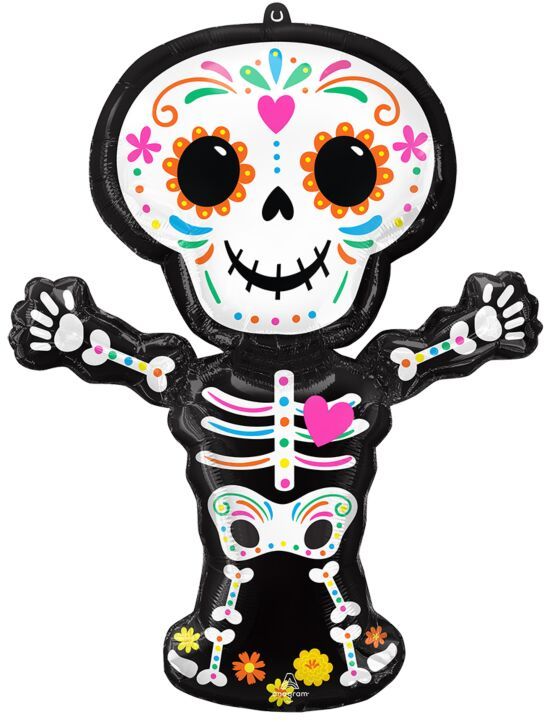 Day of the Dead Standing Skeleton - 34&quot; Helium Filled Foil Balloon, Ribbon