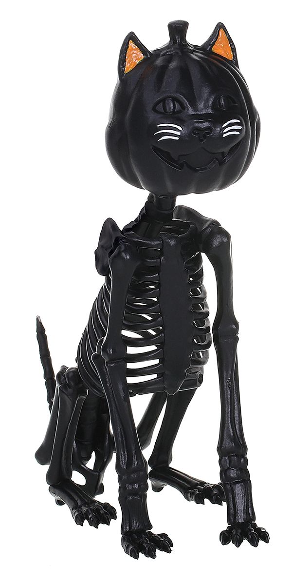 Black Skeleton Cat with Pumpkin Face 6.3&quot;