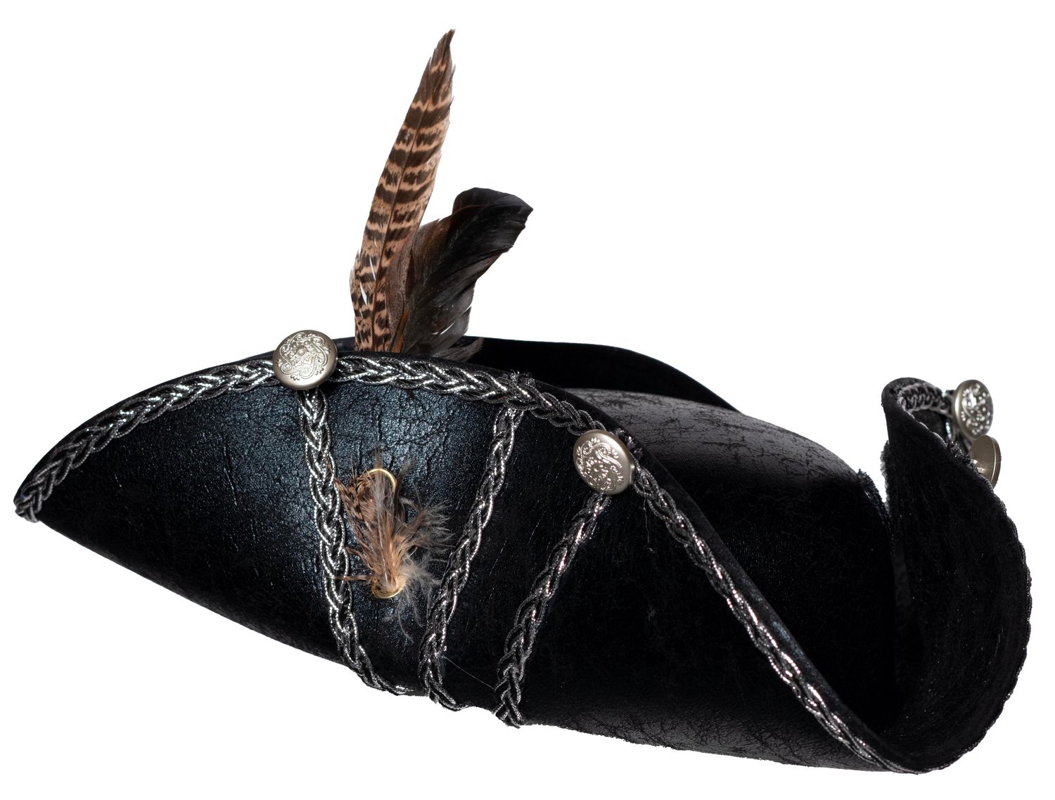 Faux Suede Pirate Hat -  Brown Feather/Silver Trim