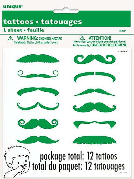 Green Mustache Finger Tattoos 12ct