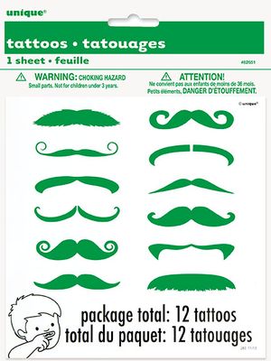 Green Mustache Finger Tattoos 12ct