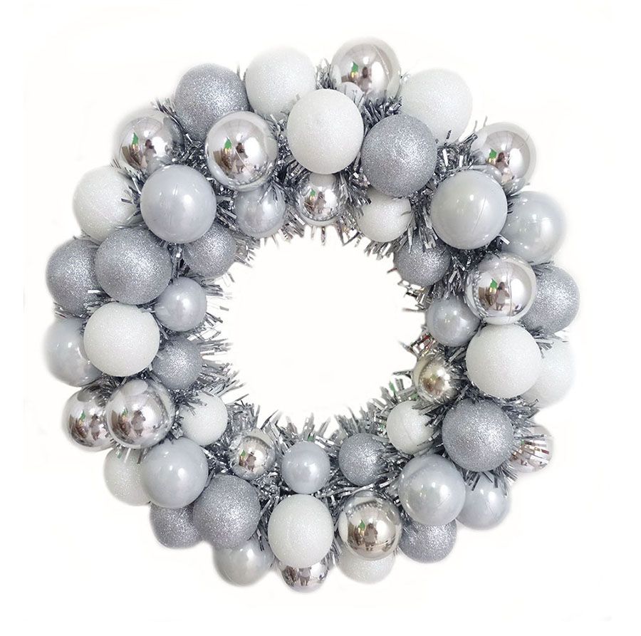 Glitter Ball Wreath 16&quot; Shatterproof Silver &amp; White