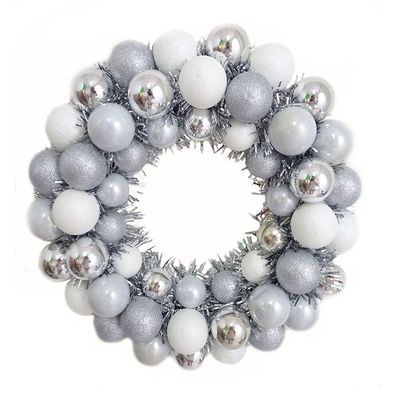 Glitter Ball Wreath 16" Shatterproof Silver &amp; White