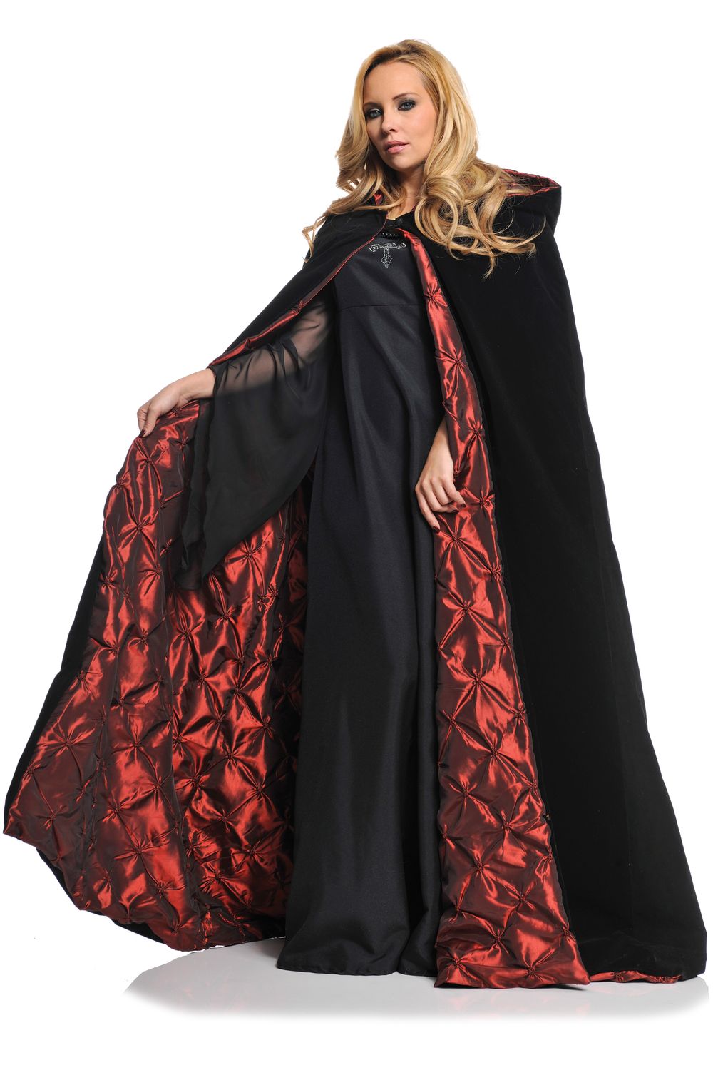 63” Deluxe Velvet &amp; Satin Cape With Embossed Lining, Color: Red