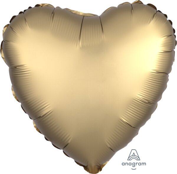 Satin Luxe Gold Sateen Heart - 17" Helium Filled Foil Balloon, Ribbon