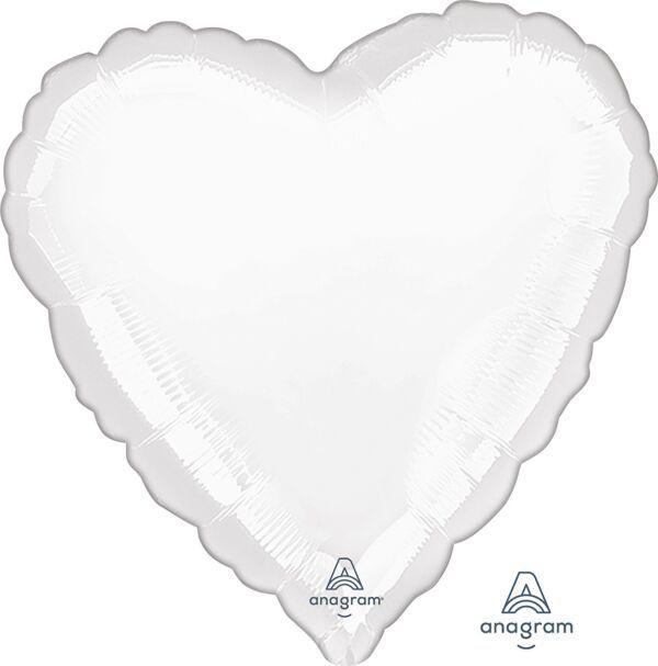 Metallic White Heart - 28&quot; Helium Filled Foil Balloon, Ribbon