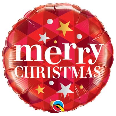 Merry Christmas Stars Red - 18&quot; Helium Filled Foil Balloon, Ribbon