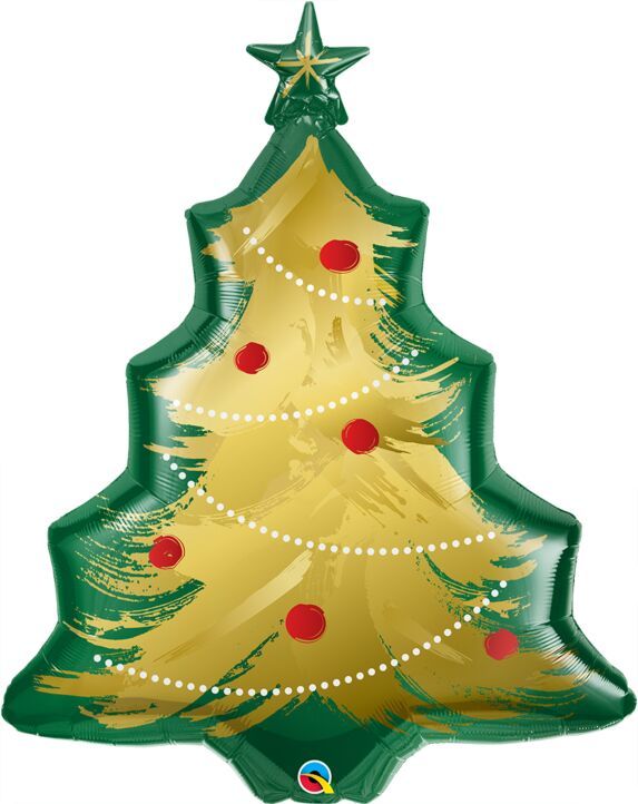 Xmas Tree Brushed Gold- 40&quot; Helium Filled Foil Balloon, Ribbon