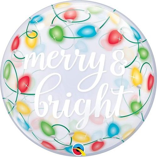 Merry &amp; Bright Lights - 22&quot; Helium Filled Bubble Balloon, Ribbon