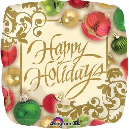 Festive Christmas Ornaments Happy Holidays - 18&quot; Helium Filled Foil Balloon, Ribbon