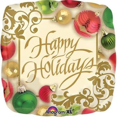 Festive Christmas Ornaments Happy Holidays - 18&quot; Helium Filled Foil Balloon, Ribbon