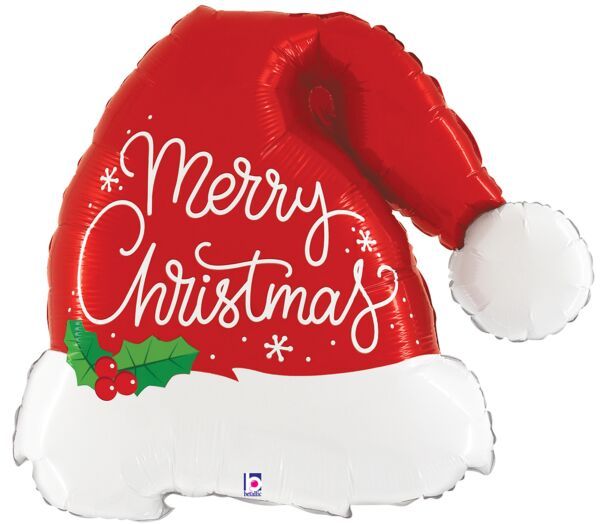 Christmas Santa Hat - 27&quot; Helium Filled Foil Balloon, Ribbon