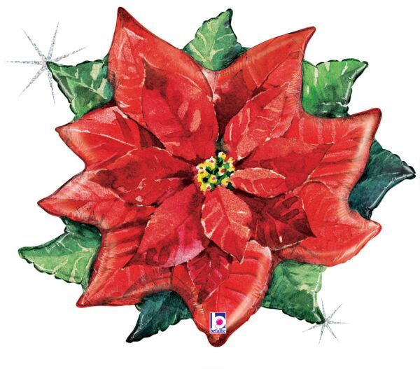 Water Color Poinsettia - 34&quot; Helium Filled Foil Balloon, Ribbon