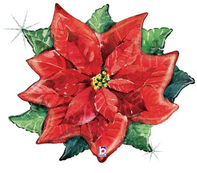 Water Color Poinsettia - 34&quot; Helium Filled Foil Balloon, Ribbon