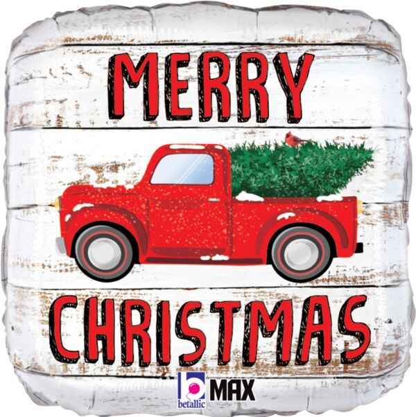 Merry Christmas Truck - 18&quot; Helium Filled Foil Balloon, Ribbon