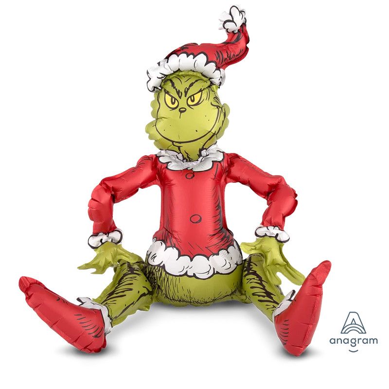 Sitting Santa Grinch - 24&quot; Air Filled Foil Balloon, Ribbon