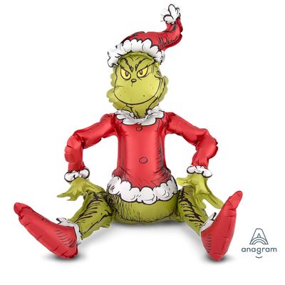 Sitting Santa Grinch - 24&quot; Air Filled Foil Balloon, Ribbon