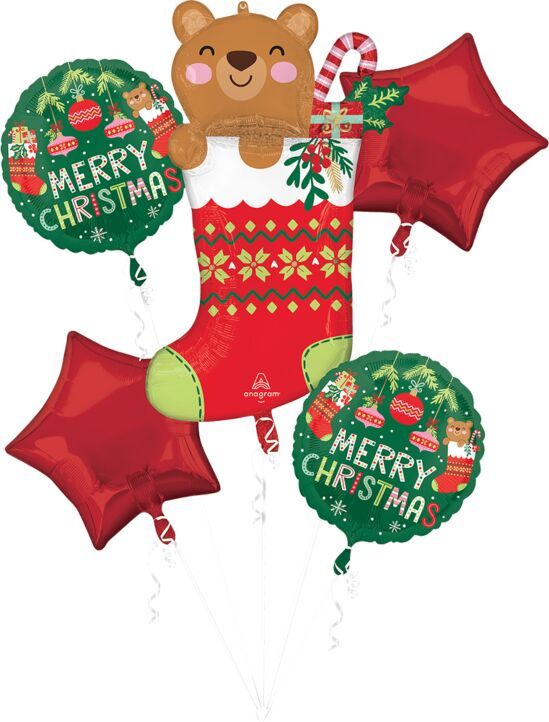 Bouquet Beary Christmas  - Helium Filled Foil Balloon, Ribbon