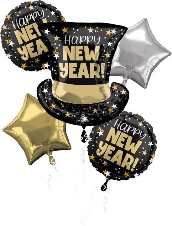 Bouquet NYE Top Hat Bash - Helium Filled Foil Balloon, Ribbon