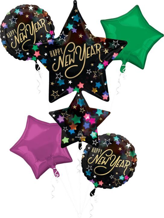 Bouquet New Year Starlight - Helium Filled Foil Balloon, Ribbon