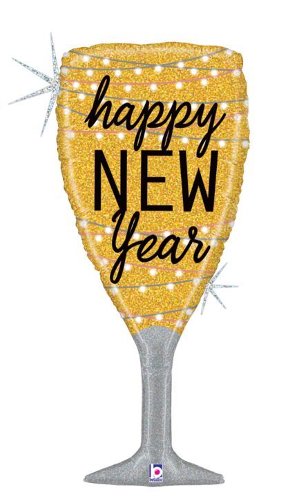 New Year Champagne Glass - 37&quot; Helium Filled Foil Balloon, Ribbon