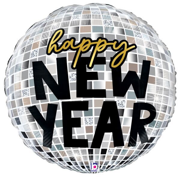 New Year Disco Ball - 28&quot; Helium Filled Foil Balloon, Ribbon