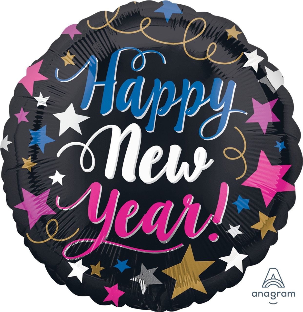 Happy New Year Pink &amp; Blue - 17&quot; Helium Filled Foil Balloon, Ribbon