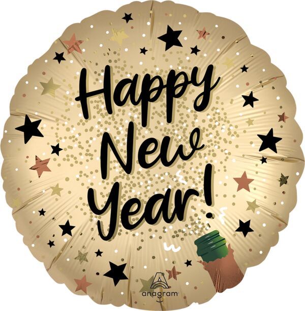 Satin Natural Sparkle Happy New Year - 18&quot; Helium Filled Foil Balloon, Ribbon