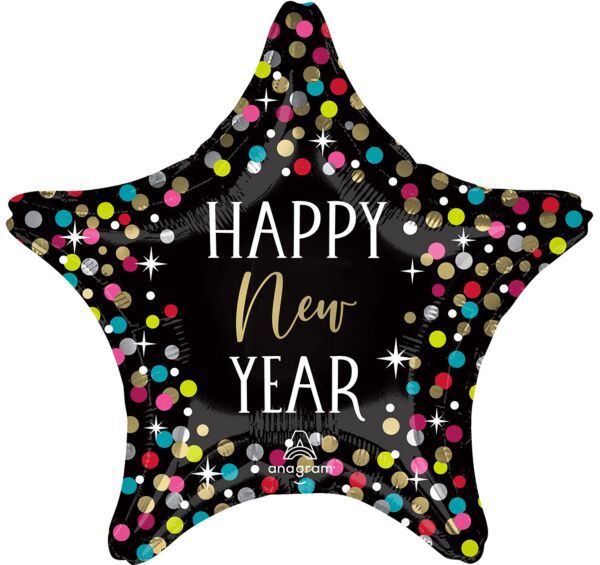 HNY Colorful Confetti Star - 19&quot; Helium Filled Foil Balloon, Ribbon