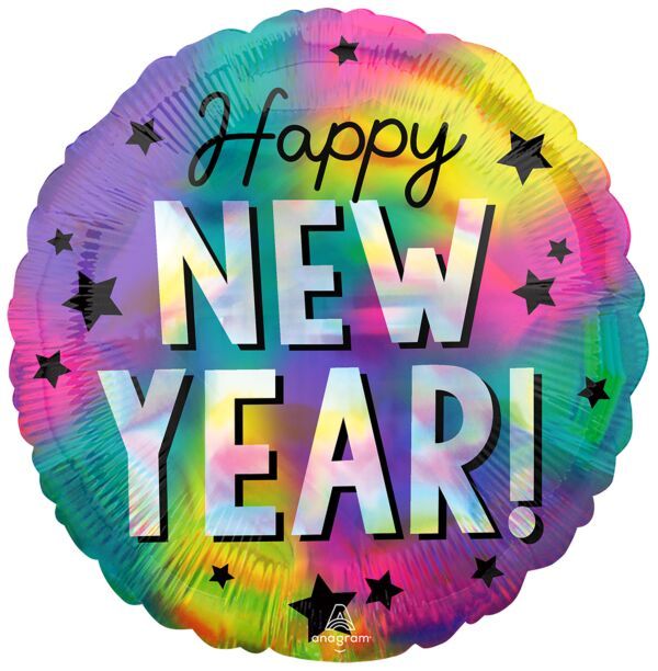 Iridescent Happy New Year Stars - Holographic - 18&quot; Helium Filled Foil Balloon, Ribbon
