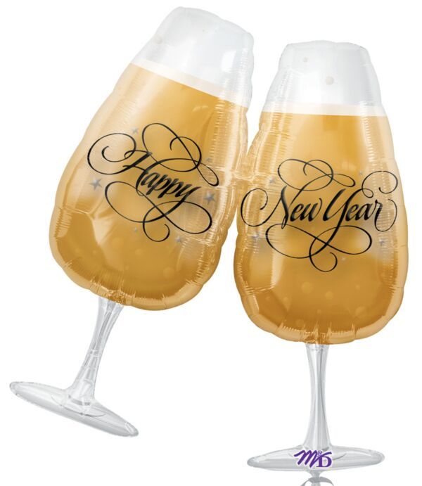 New Year's Toasting Glasses - 30" Helium Filled Foil Balloon, Ribbon