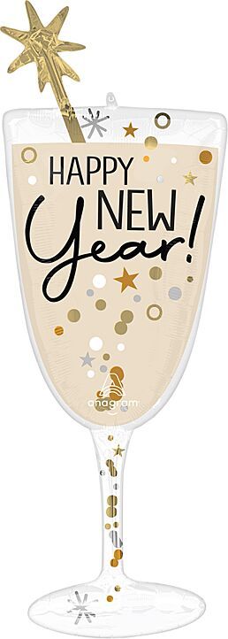 Bubbly New Year Glass - 40" Helium Filled Foil Balloon, Ribbon